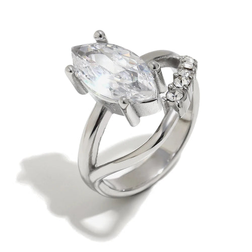 Marquise crystal double band ring in silver, elevated center stone and round accent stones on split band, white background
