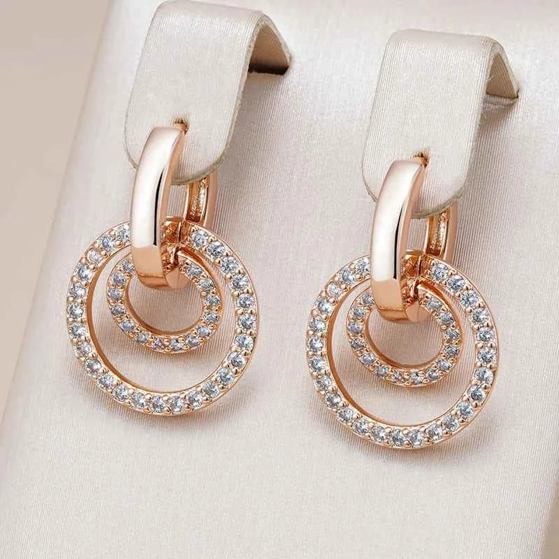 Rose Gold Double Circle Zircon Drop Earrings