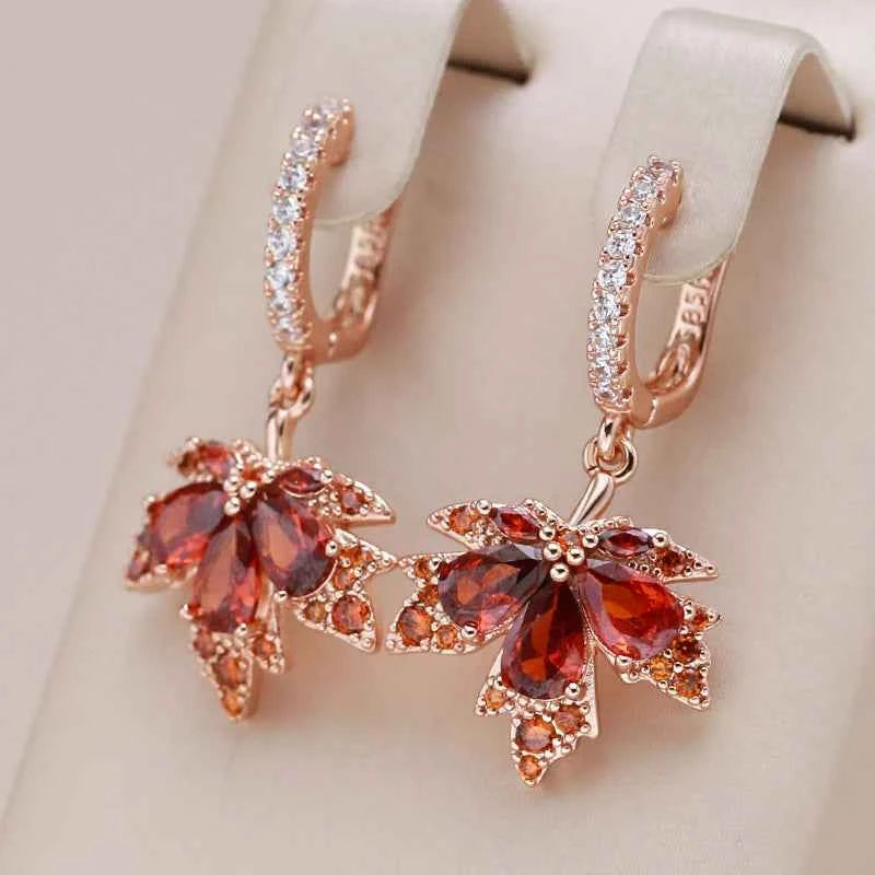 Rose Gold Red Zircon Maple Leaf Drop Earrings
