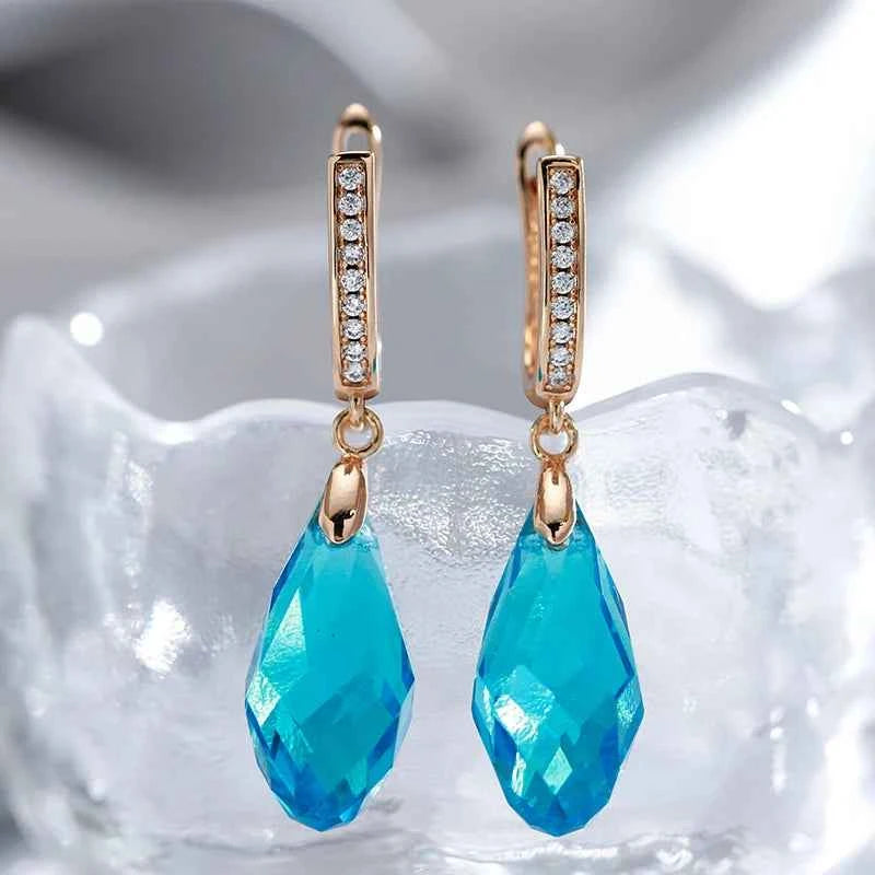 Rose Gold Blue Teardrop Zircon Drop Earrings