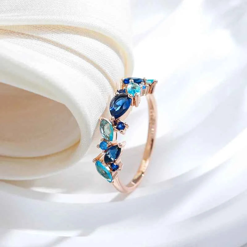 Ombre Blue Zircon Leaf-Shape Rose Gold Ring