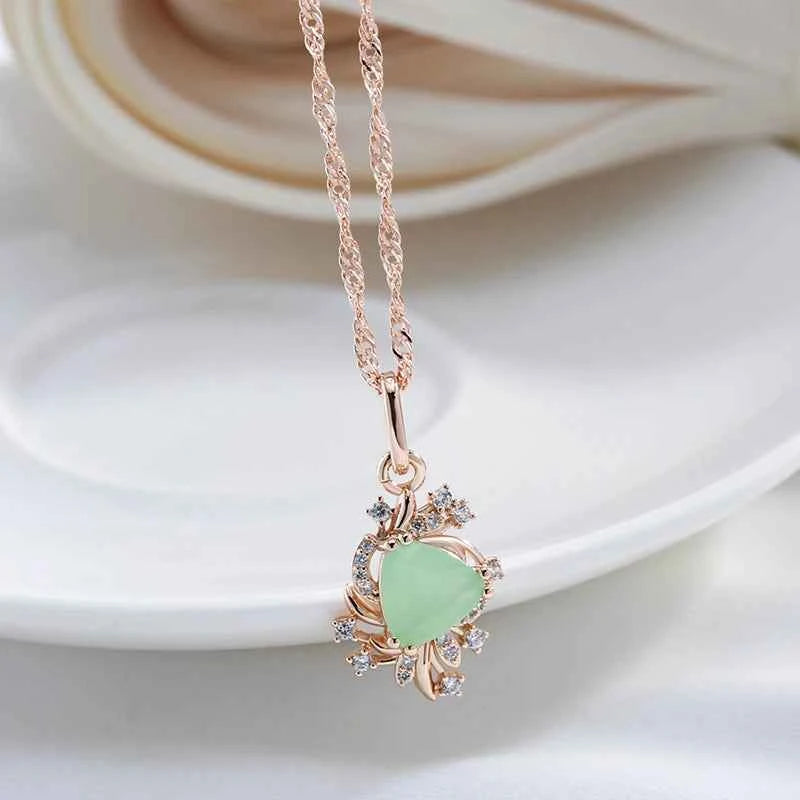 Rose Gold Floral Green Zircon Pendant Necklace