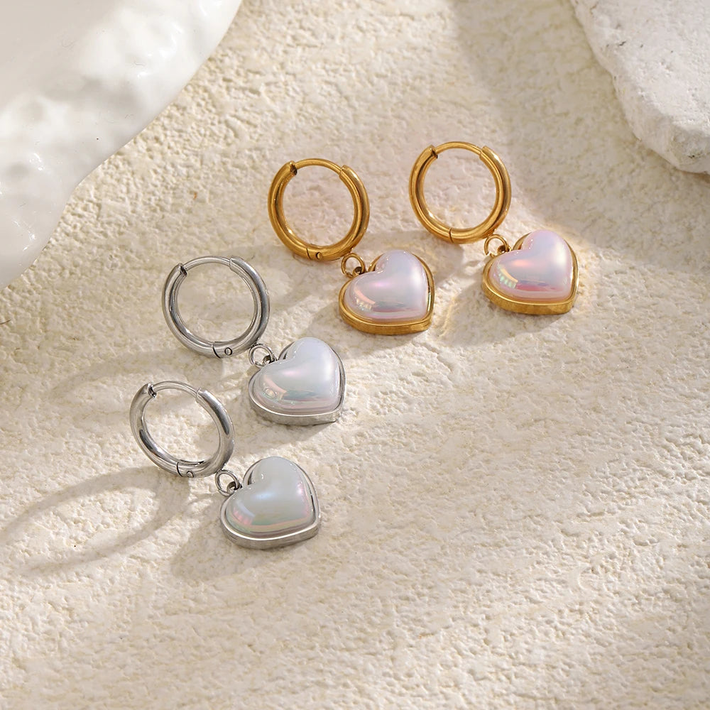 Iridescent Heart Drop Hoop Earrings - SEIYI
