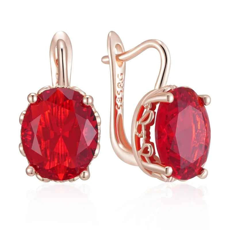 Rose Gold Large Red Oval Zircon Drop Earrings