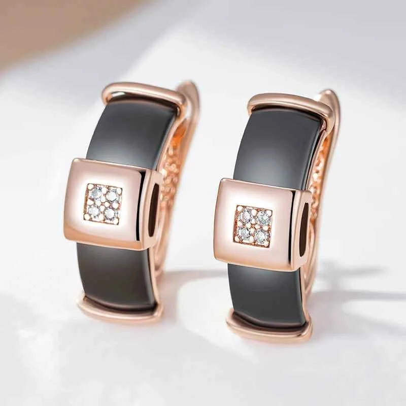 Rose Gold Black Ceramic Zircon Drop Earrings