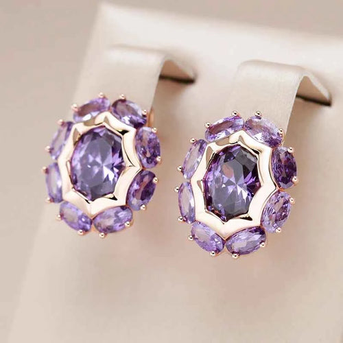 Rose Gold Purple Zircon Halo Stud Earrings