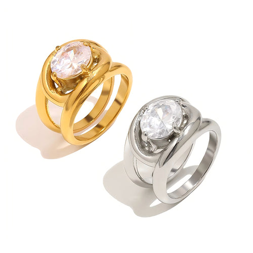 Double Band Oval Crystal Ring - SEIYI