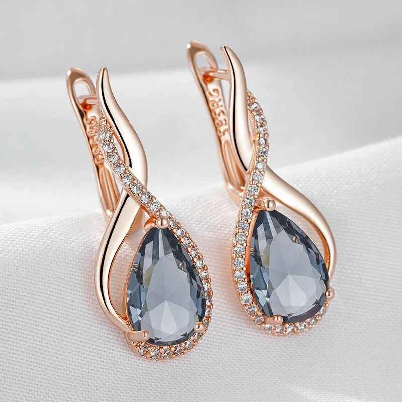 Rose Gold Grey Zircon Twisted Teardrop Earrings