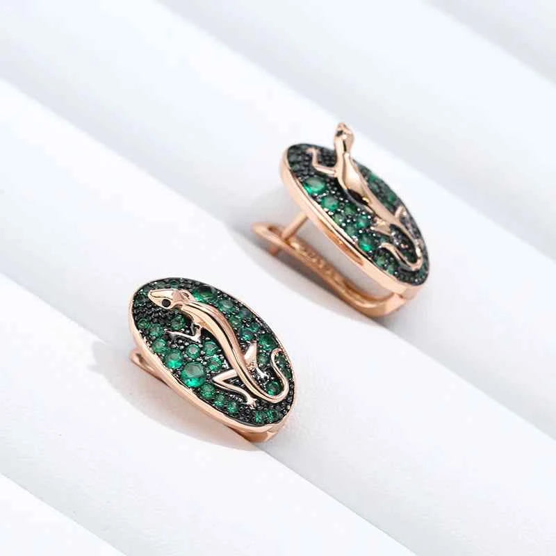 Rose Gold Green Zircon Lizard Drop Earrings