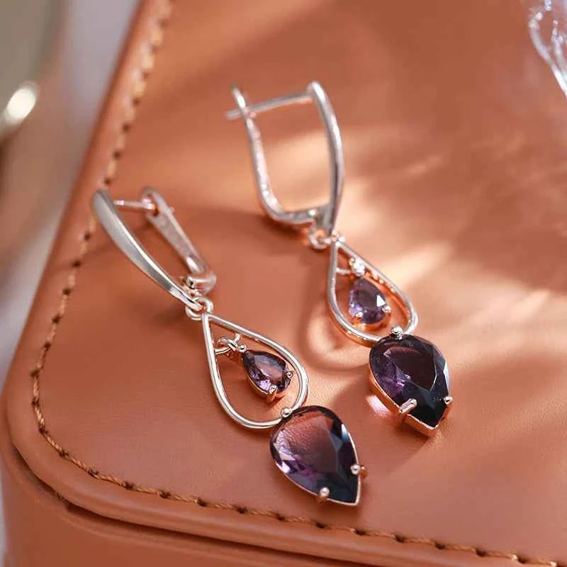 Rose Gold Purple Zircon Teardrop Long Drop Earrings
