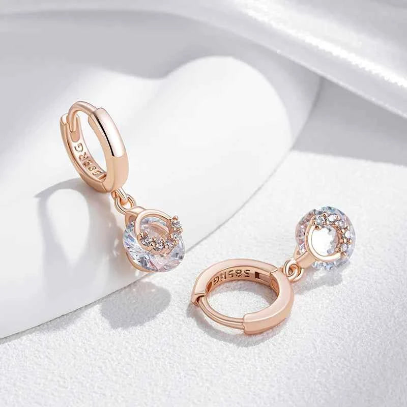 Rose Gold Clear Zircon Halo Drop Hoop Earrings