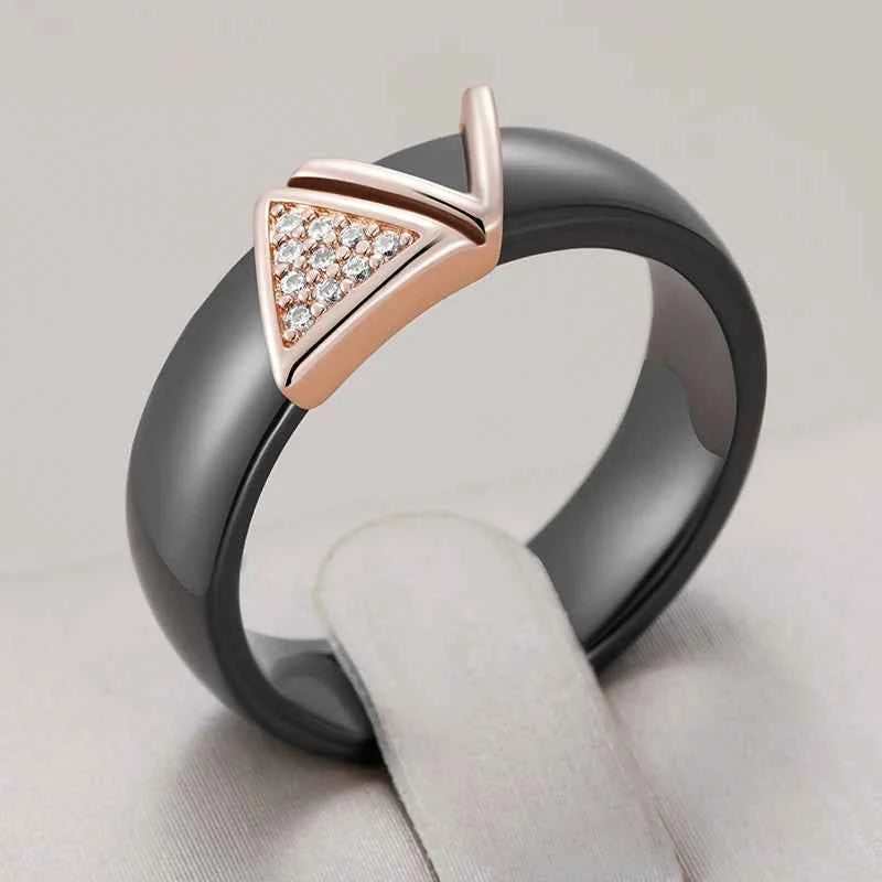Rose Gold Black Ceramic Triangle Zircon Ring