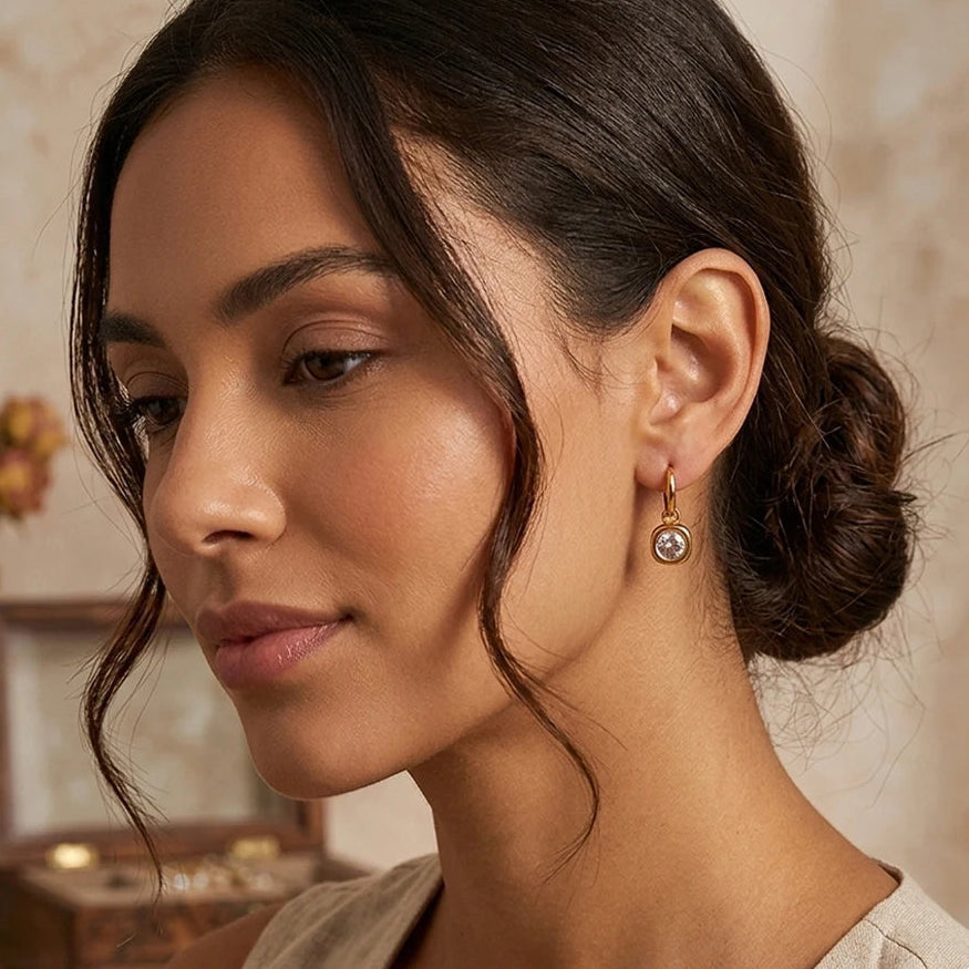 Bezel CZ Drop Hoop Earrings - SEIYI