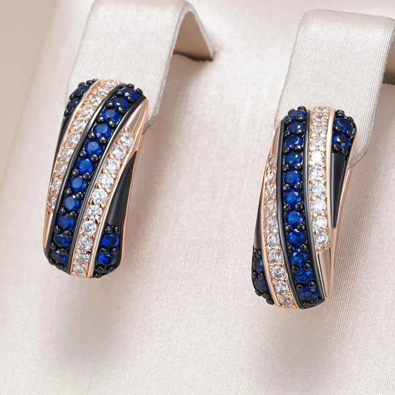 Rose Gold Blue Zircon Twisted Hoop Earrings