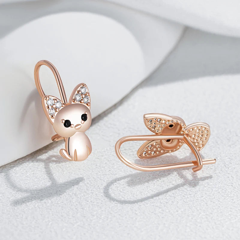 Rose Gold Cute Cat Zircon Drop Earrings