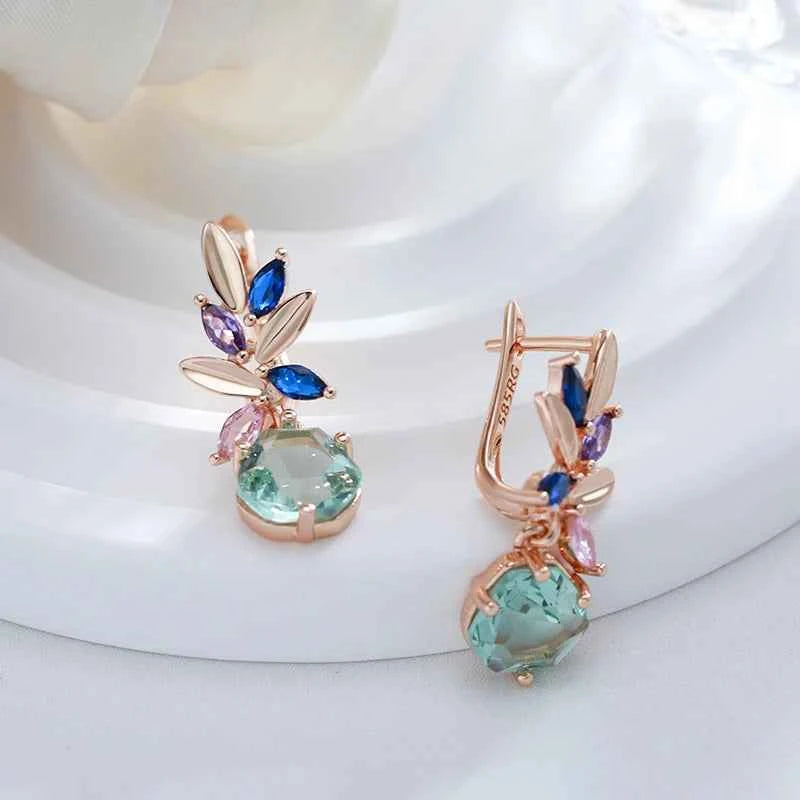 Rose Gold Multicolor Floral Green Stone Drop Earrings