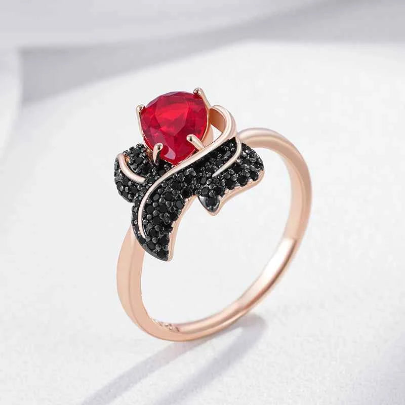Red Teardrop Zircon with Black Pavé Leaf Ring