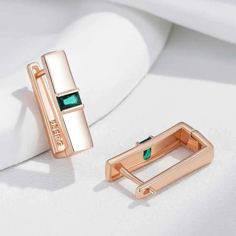 Rose Gold Geometric Green Zircon Drop Earrings