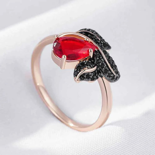 Red Teardrop Zircon with Black Pavé Leaf Ring