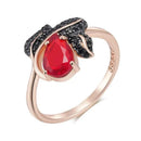 Red Teardrop Zircon with Black Pavé Leaf Ring