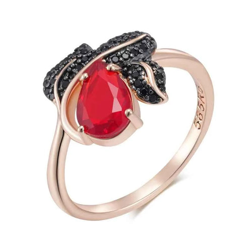 Red Teardrop Zircon with Black Pavé Leaf Ring