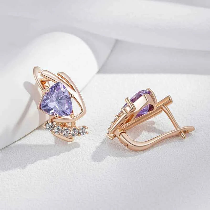 Rose Gold Purple Zircon Triangle Drop Earrings