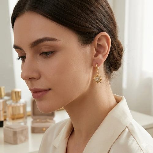 Sunburst Crystal Drop Huggie Hoop Earrings - SEIYI