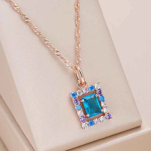 Rose Gold Multi-Color Square Zircon Pendant Necklace