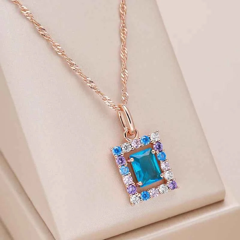 Rose Gold Multi-Color Square Zircon Pendant Necklace