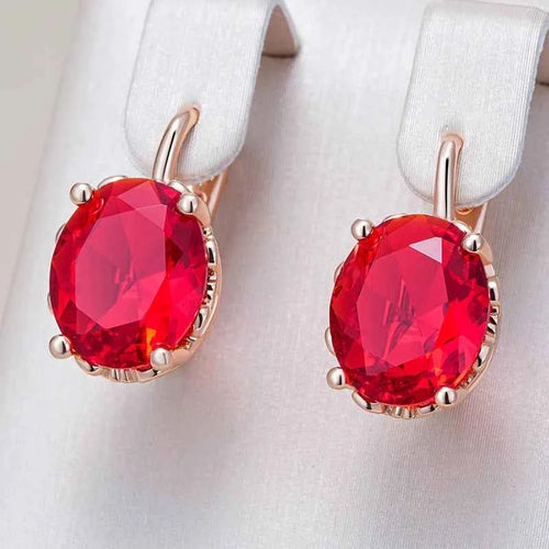 Rose Gold Large Red Oval Zircon Drop Earrings