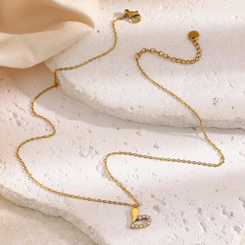 Half Pave Hollow Heart Pendant Necklace - SEIYI