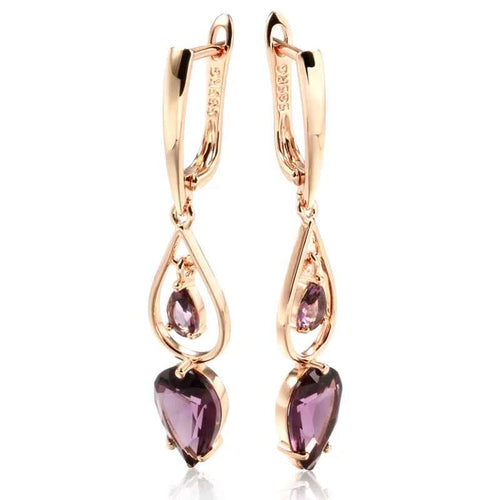 Rose Gold Purple Zircon Teardrop Long Drop Earrings
