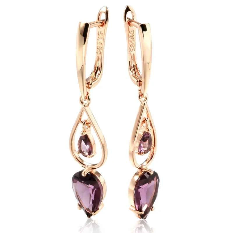 Rose Gold Purple Zircon Teardrop Long Drop Earrings