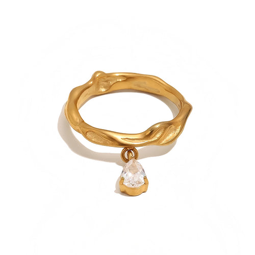 Textured Band Water Drop Crystal Dangle Ring - SEIYI