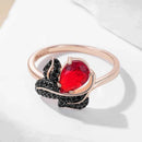 Red Teardrop Zircon with Black Pavé Leaf Ring
