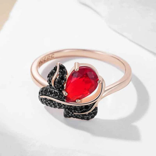 Red Teardrop Zircon with Black Pavé Leaf Ring
