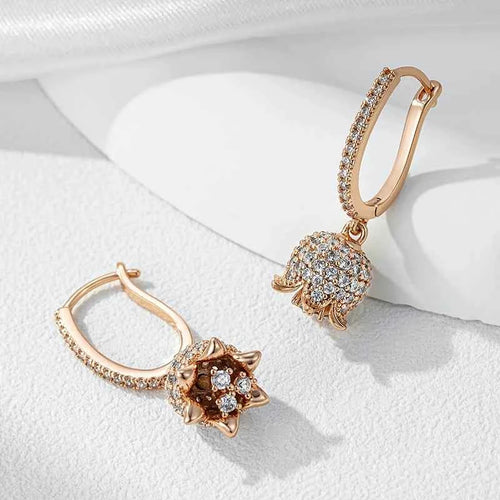 Rose Gold Pavé Flower Drop Hoop Earrings
