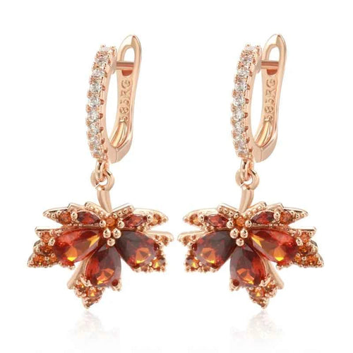 Rose Gold Red Zircon Maple Leaf Drop Earrings