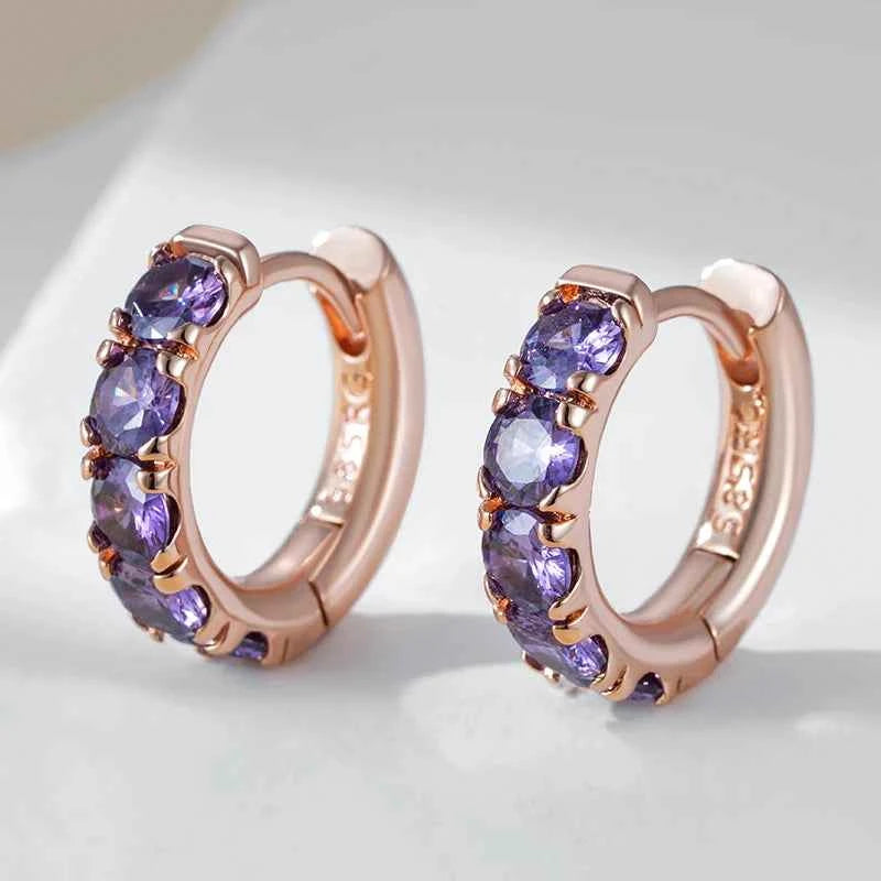 Rose Gold Purple Zircon Channel-Set Hoop Earrings