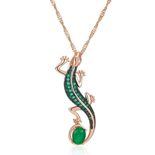 Rose Gold Green Zircon Lizard Pendant Necklace
