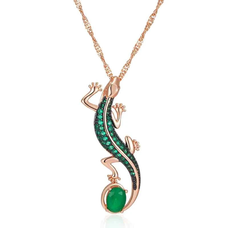 Rose Gold Green Zircon Lizard Pendant Necklace