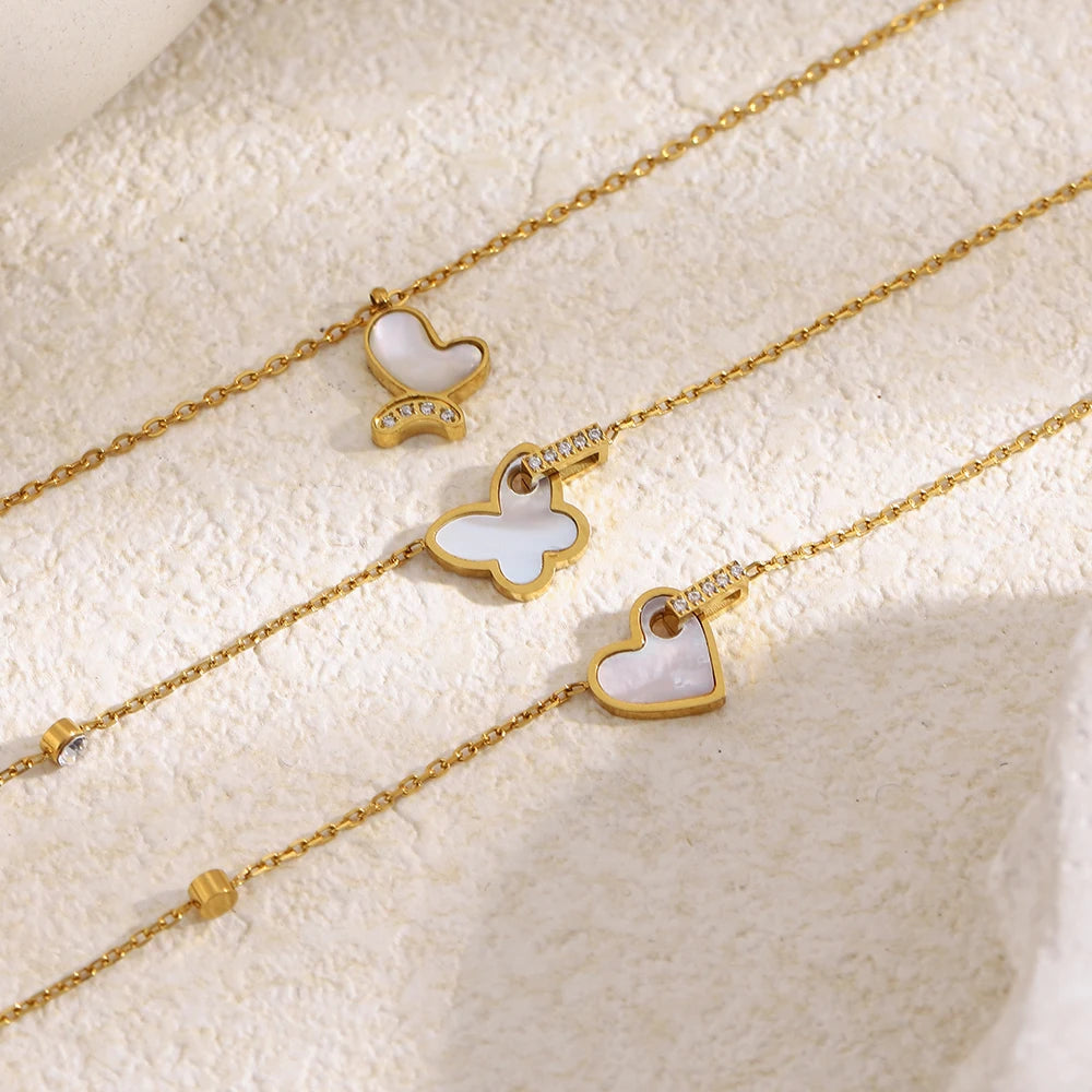 Shell Inlay Zircon Heart Butterfly Pendant Necklace - SEIYI