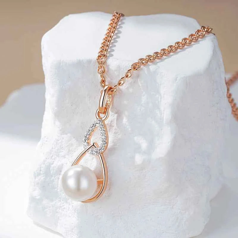 Rose Gold Pearl & Zircon Teardrop Pendant Necklace