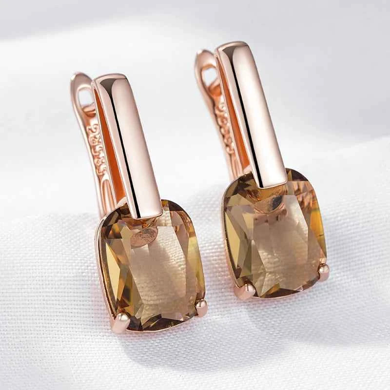Rose Gold Brown Square Zircon Drop Earrings