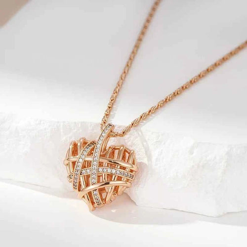 Rose Gold Hollow Woven Heart Zircon Pendant Necklace
