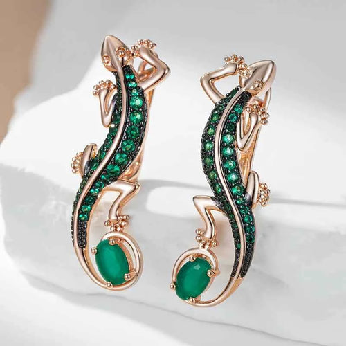 Rose Gold Green Zircon Lizard Drop Earrings