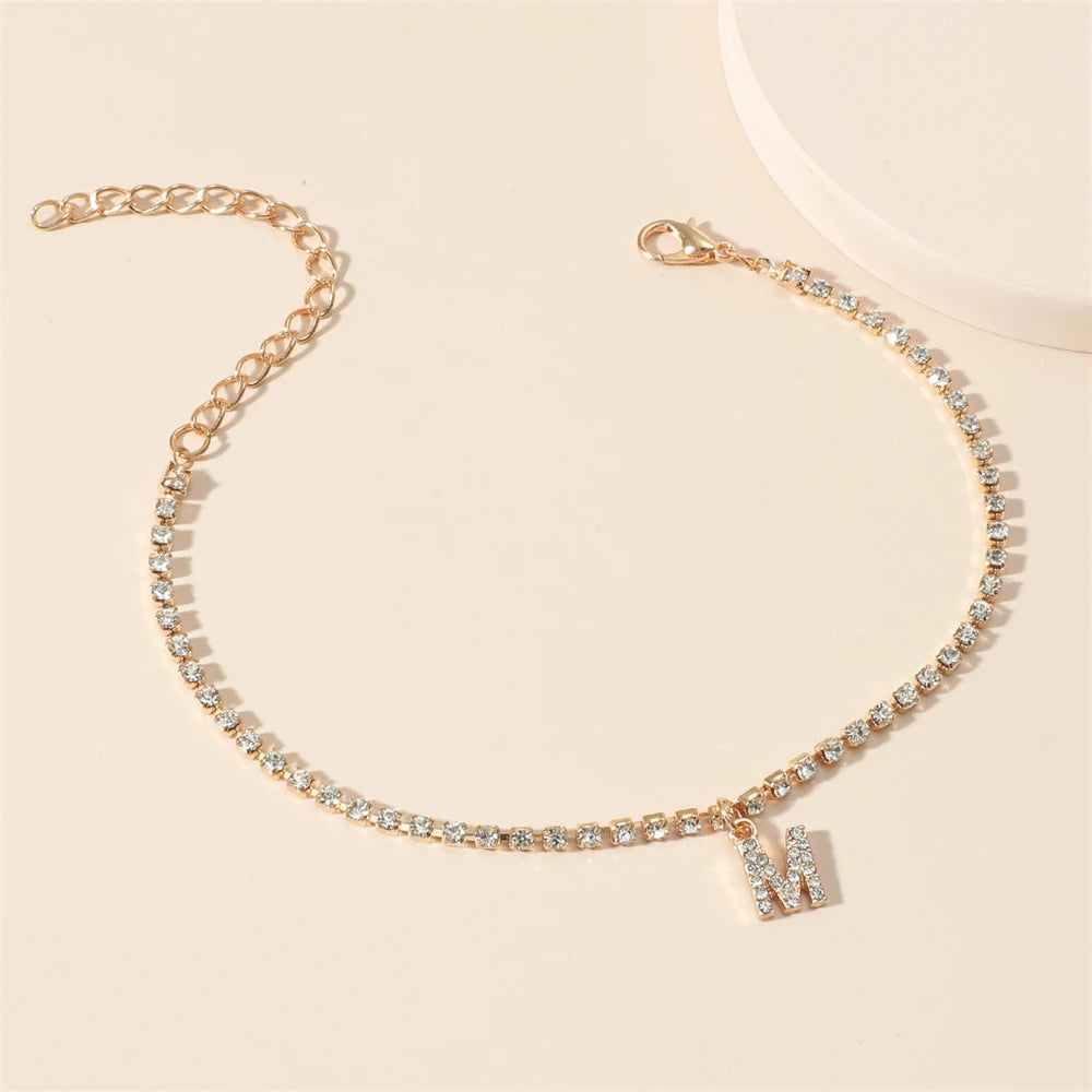 Women's Tiny Crystal Letter Anklet