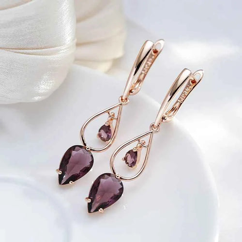 Rose Gold Purple Zircon Teardrop Long Drop Earrings
