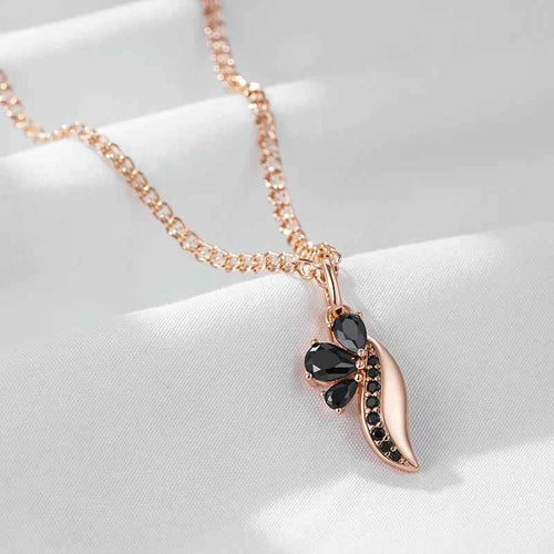 Black Zircon Floral Leaf Pendant Necklace