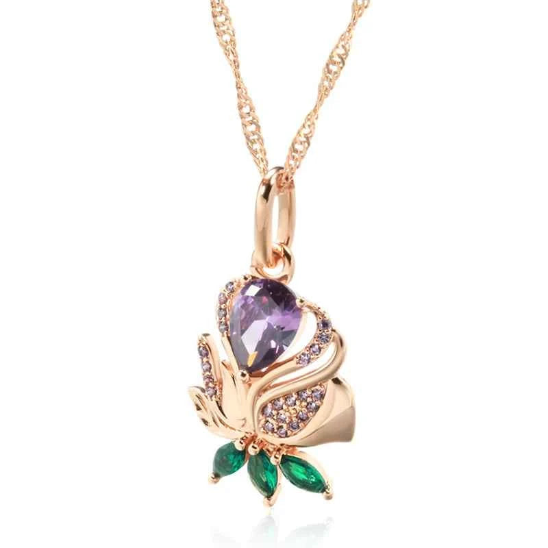 Rose Gold Purple & Green Floral Zircon Pendant Necklace